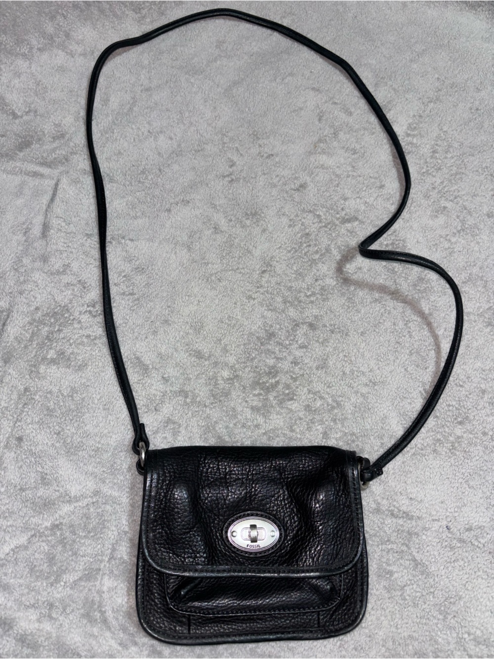 Fossil Black Pebbled Leather Crossbody with Silver Turn Lock